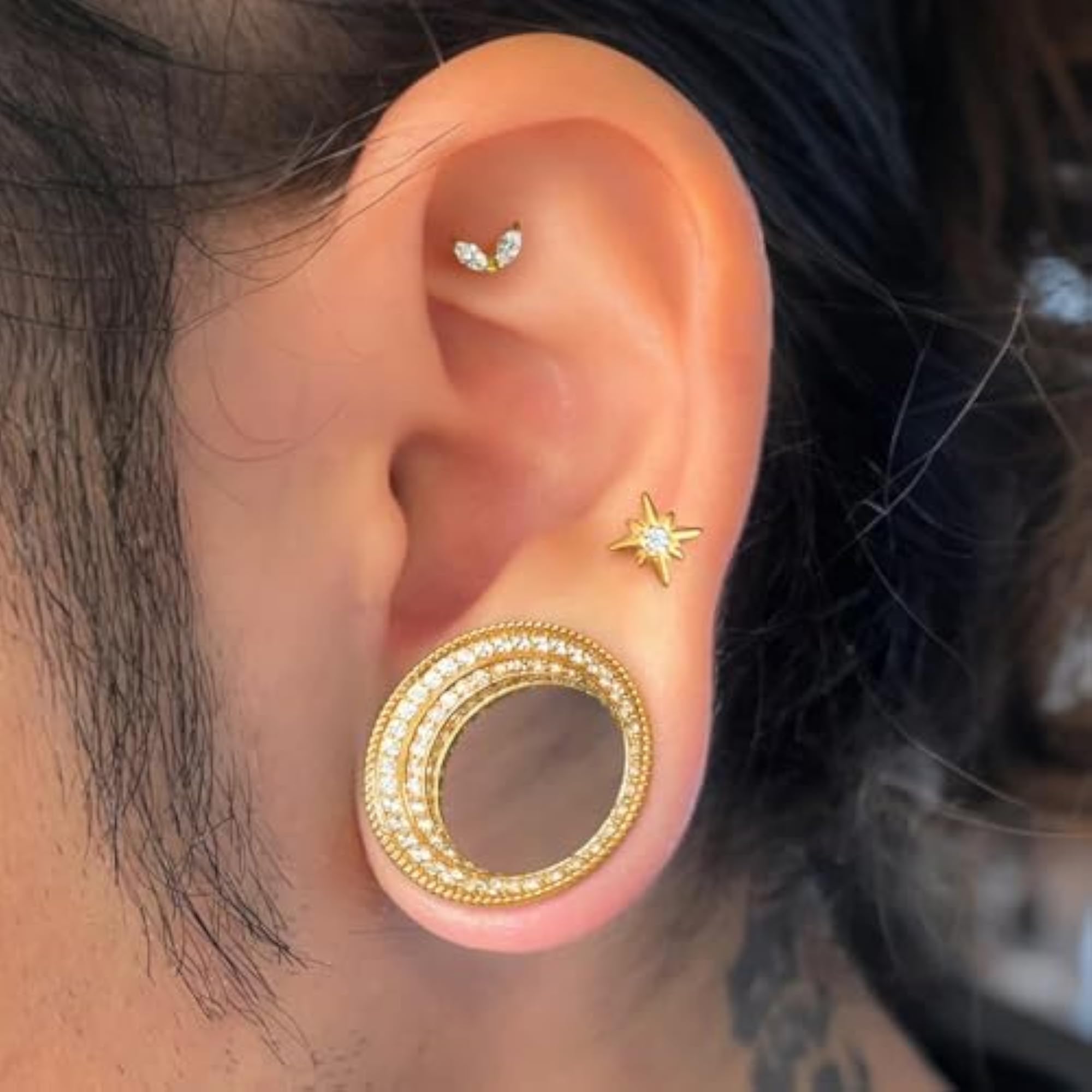 Zirconia Single Flare Ear Tunnels Vintage Brass